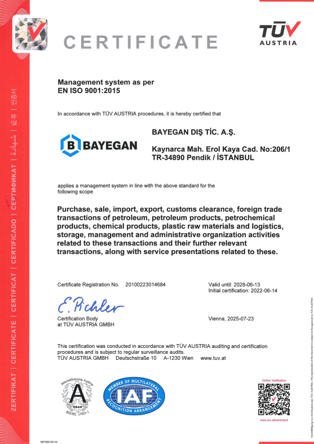 ISO 9001 Kalite Yönetim Sistemi Sertifikası